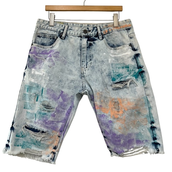 Smoke Rise DNM Co Acid Wash Paint Splatter Denim Cutoff Shorts Size 36 - Picture 3 of 14